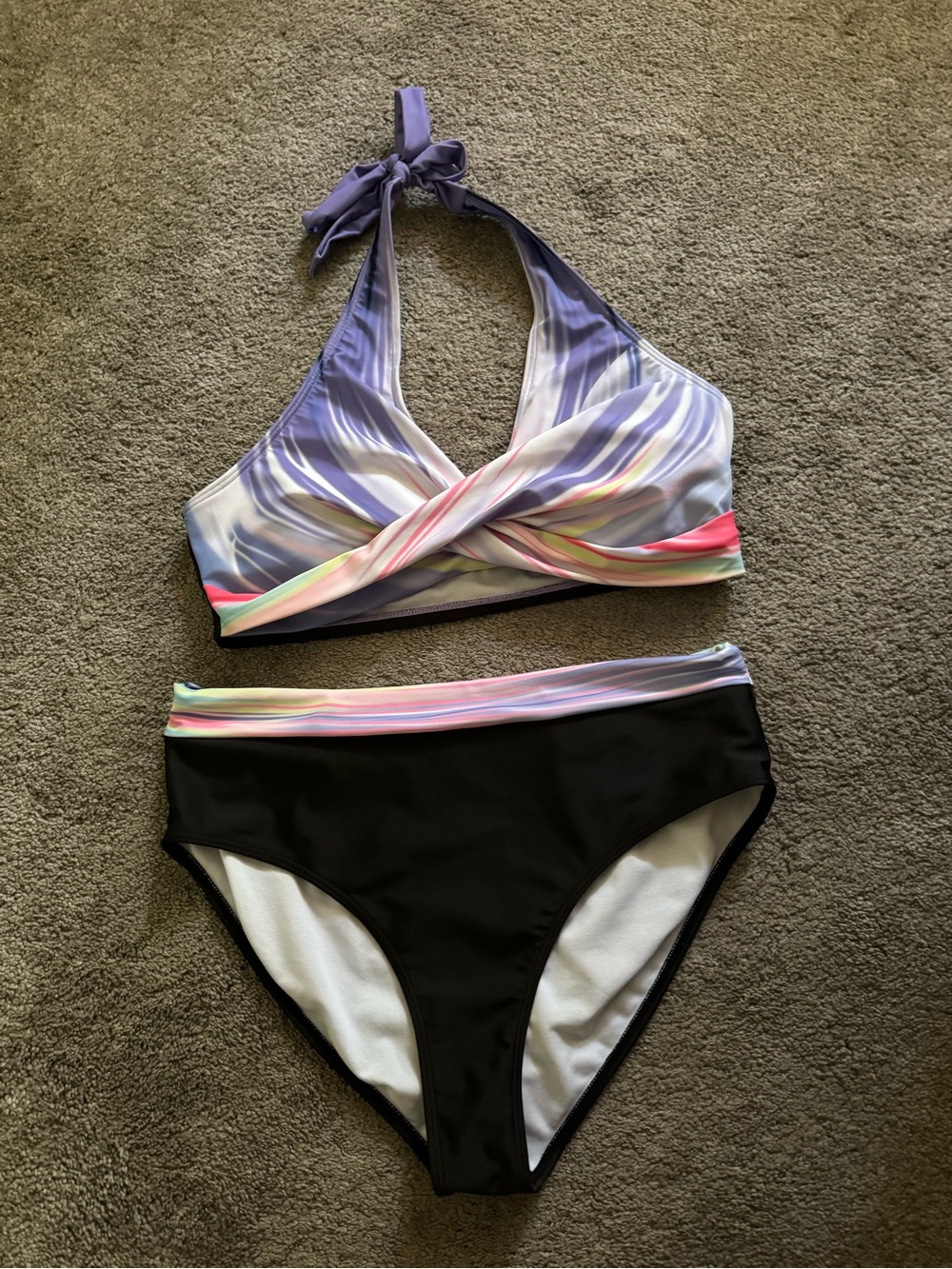 Women's Lavender Multi Halter Bikini Set with Black High-Waist Bottoms